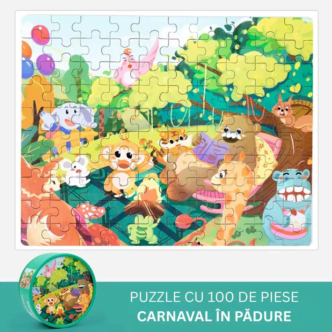 Puzzle educativ cu 100 de piese, 12 tematici - Carnaval în pădure