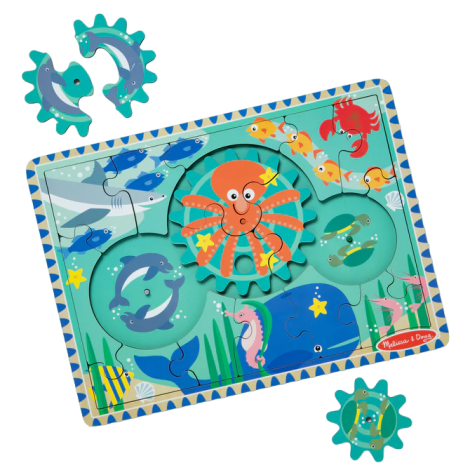 Puzzle educativ din lemn, cu rotite dintate, Oceanul, 8 piese, pentru copii 3 ani+, Melissa&Doug 31003 - poza 1
