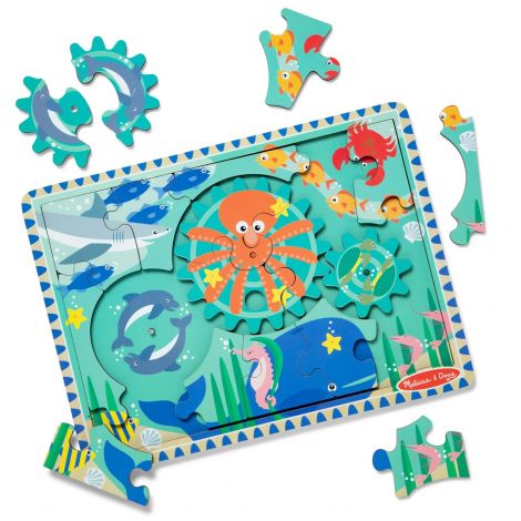 Puzzle educativ din lemn, cu rotite dintate, Oceanul, 8 piese, pentru copii 3 ani+, Melissa&Doug 31003 - poza 4