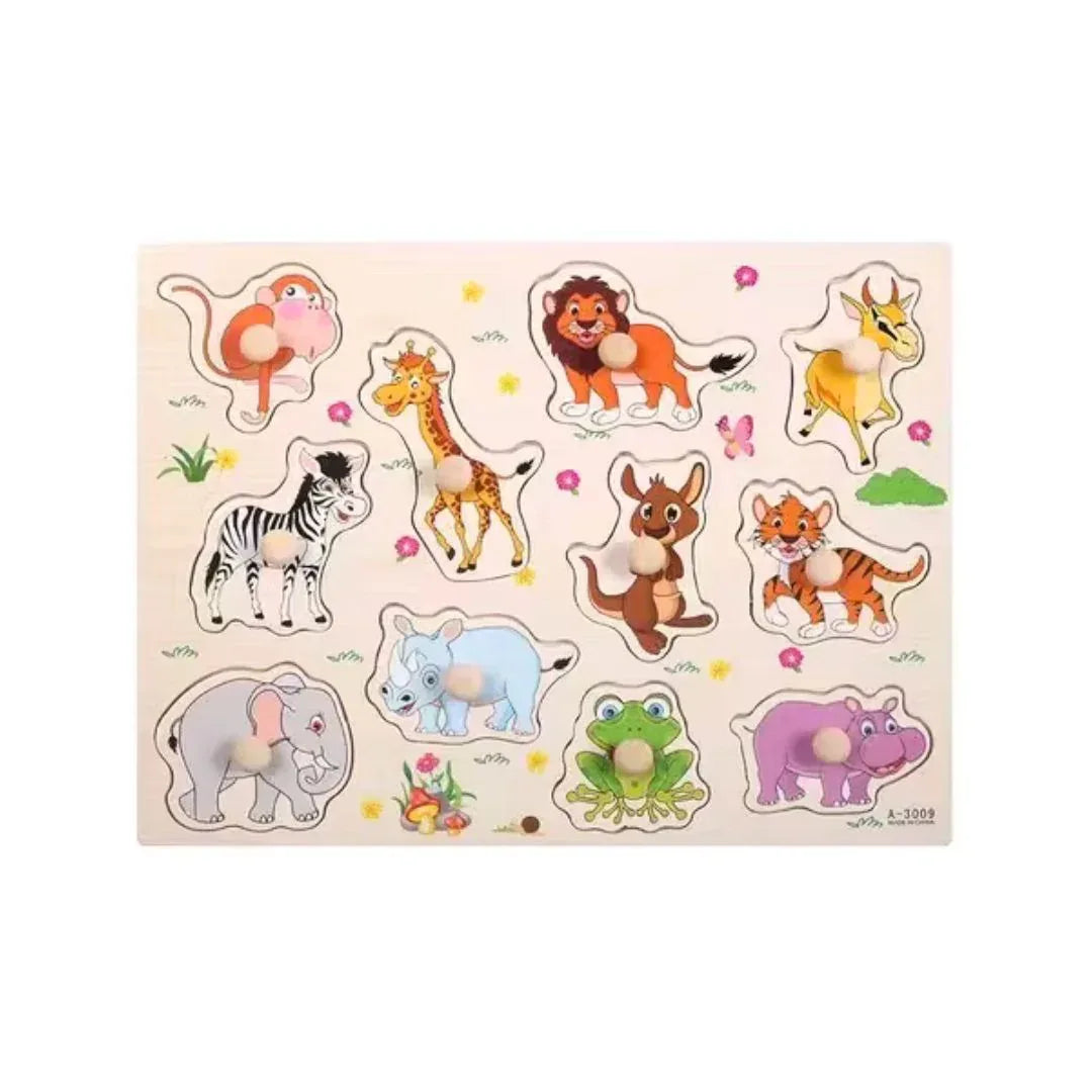 Puzzle incastru din lemn cu 11 Animale, 2 ani+ - Default Title