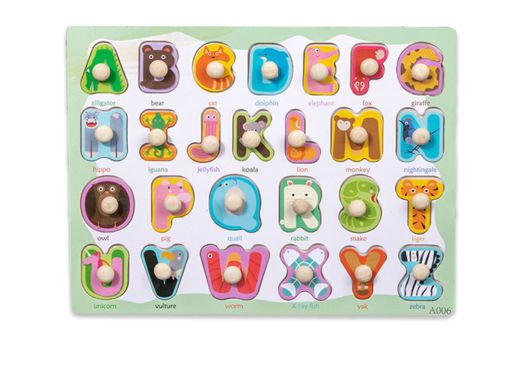 Puzzle incastru din lemn cu alfabet cu animale
