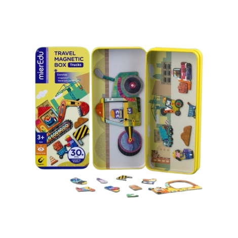 Puzzle magnetic in cutie metalica, joc de potrivire si asociere - Camioane