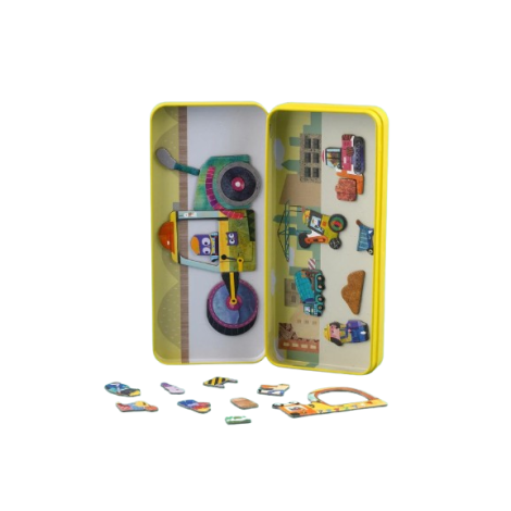 Puzzle magnetic in cutie metalica, joc de potrivire si asociere - Camioane - poza 3