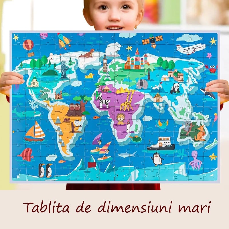 Puzzle magnetic tip tablita harta lumii cu animale, 168 piese, snur agatare pe perete, multicolor, 41x55 cm