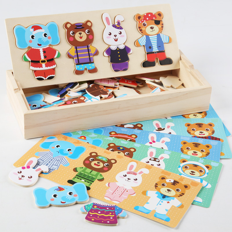 Puzzle Montessori din lemn - Asociere vestimentatie animale, 4 personaje (urs, iepure, elefant, tigru)
