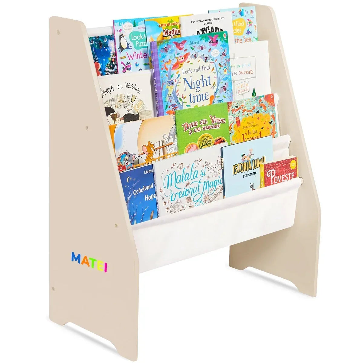 Raft de Carti pentru Copii, Organizator cu etajere din textil, pentru depozitare jucarii, carti si caiete. Mobilier din Lemn MDF, 71.5 x 62 x 30 cm - Crem