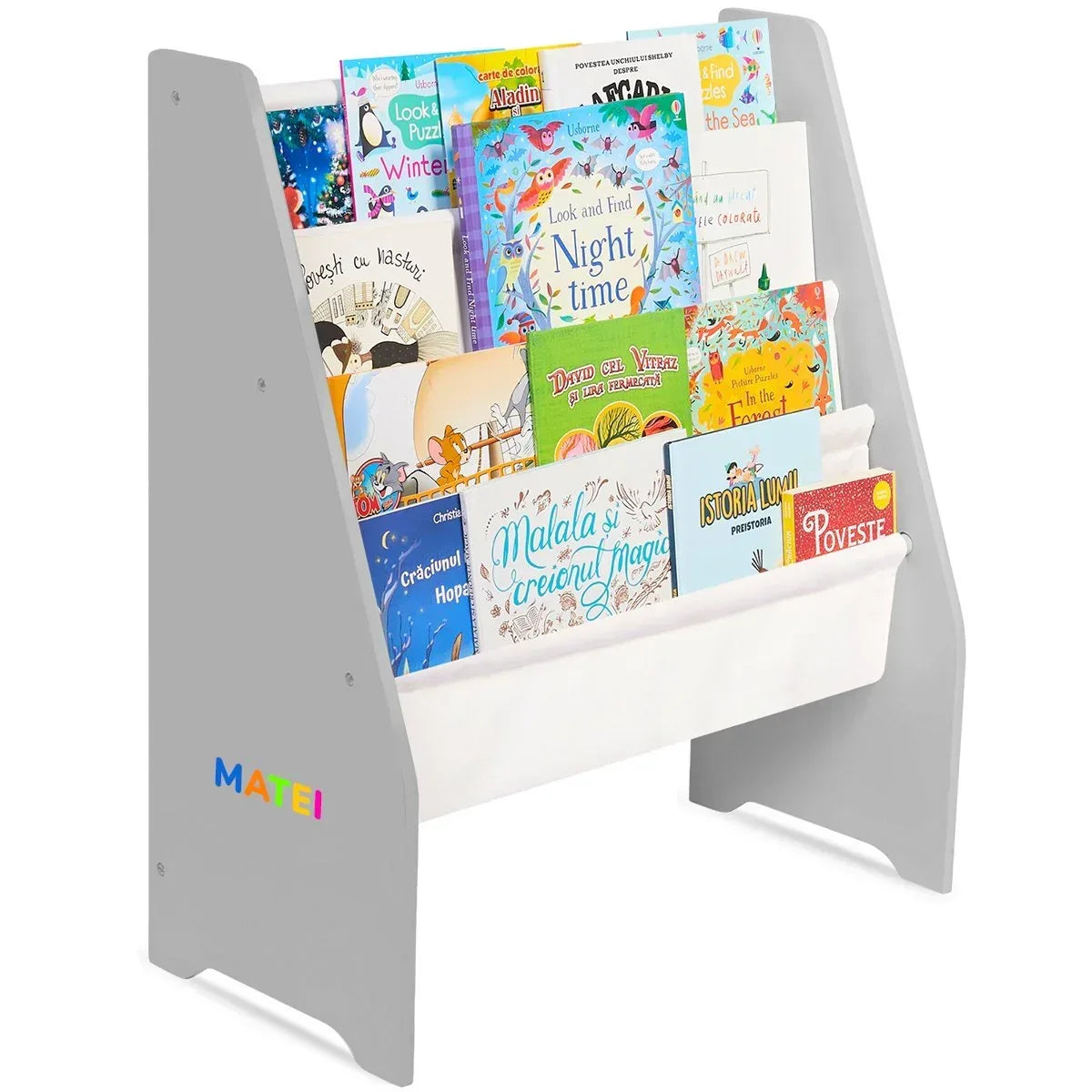 Raft de Carti pentru Copii, Organizator cu etajere din textil, pentru depozitare jucarii, carti si caiete. Mobilier din Lemn MDF, 71.5 x 62 x 30 cm - Gri