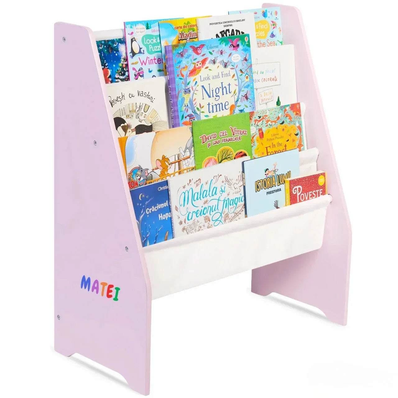 Raft de Carti pentru Copii, Organizator cu etajere din textil, pentru depozitare jucarii, carti si caiete. Mobilier din Lemn MDF, 71.5 x 62 x 30 cm - Roz