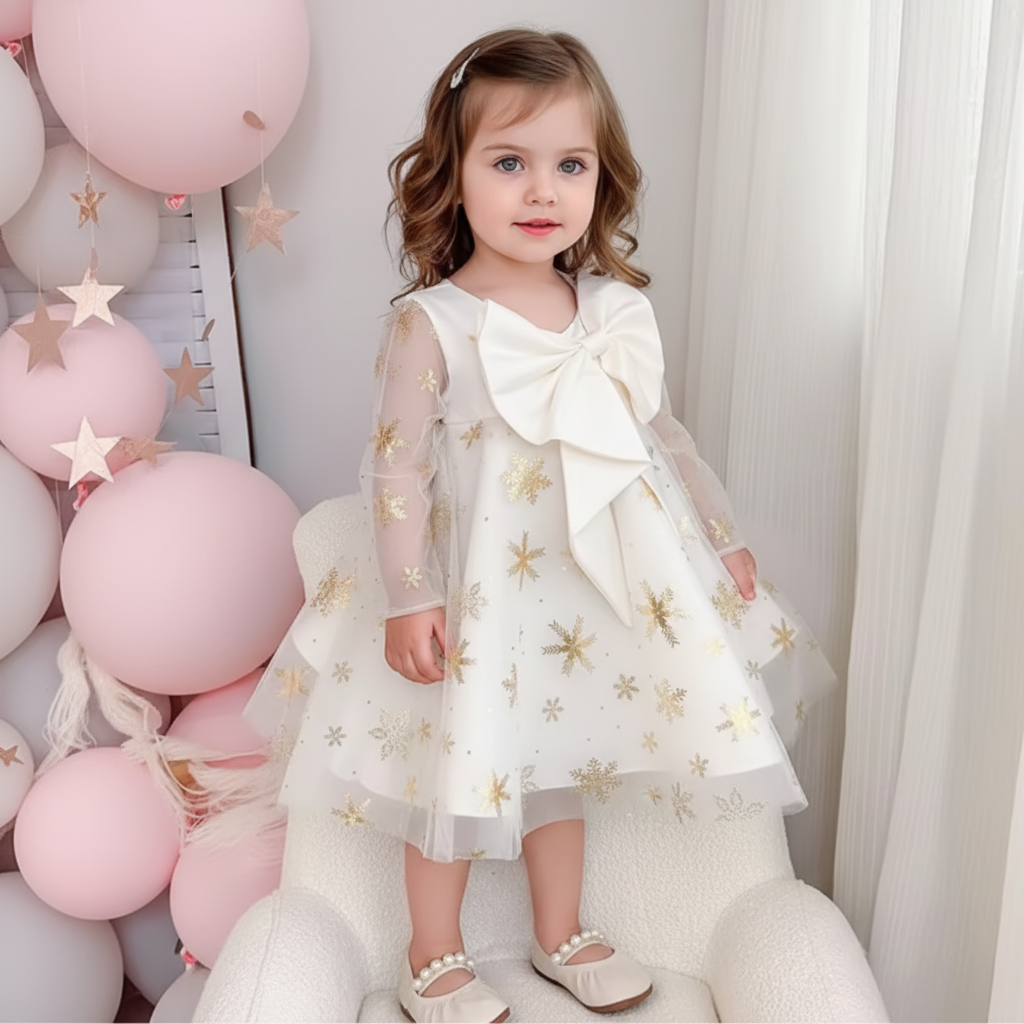 Rochie Alba cu Fulgi de Nea Aurii Sandra - 12-18 luni