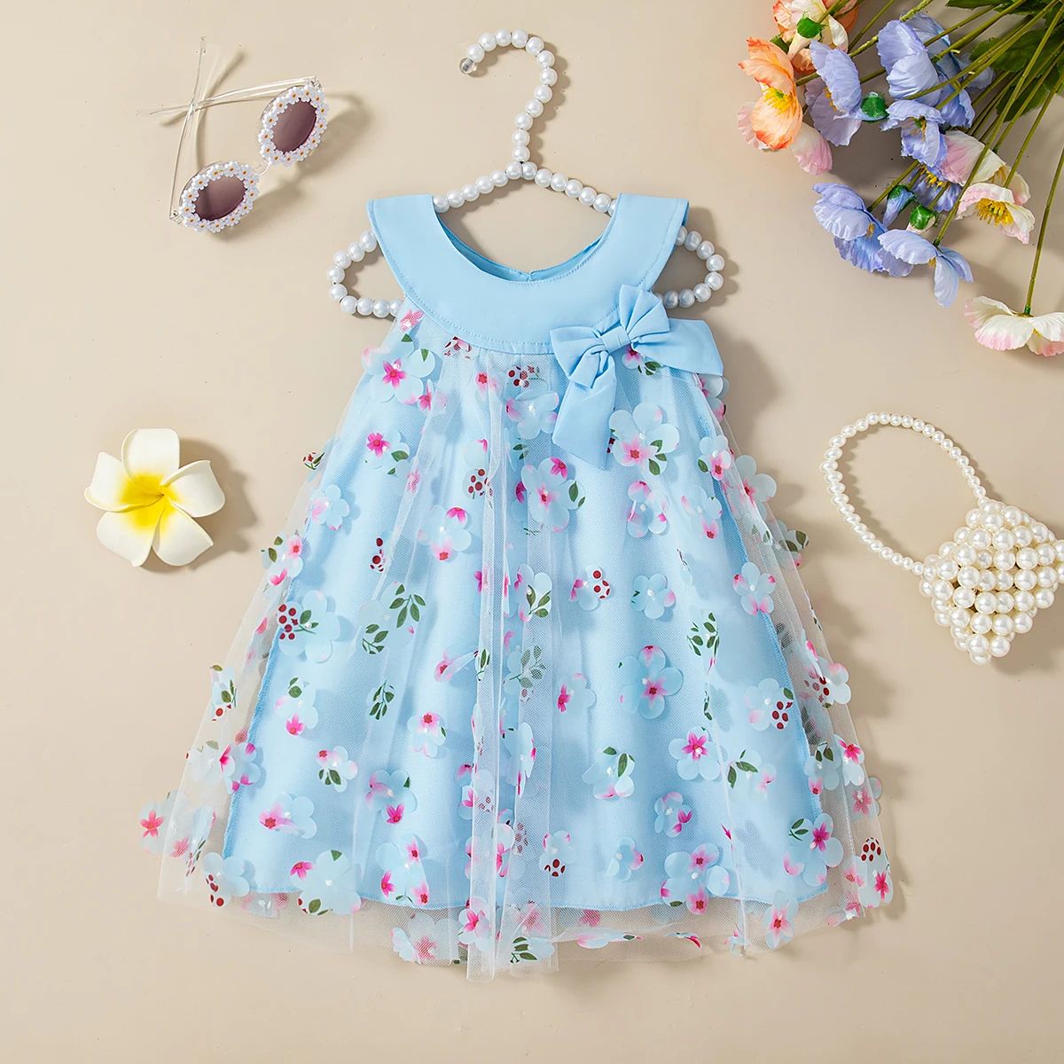 Rochie Albastra Fetite cu Floricele Valeria - 2-3 ani - poza 1