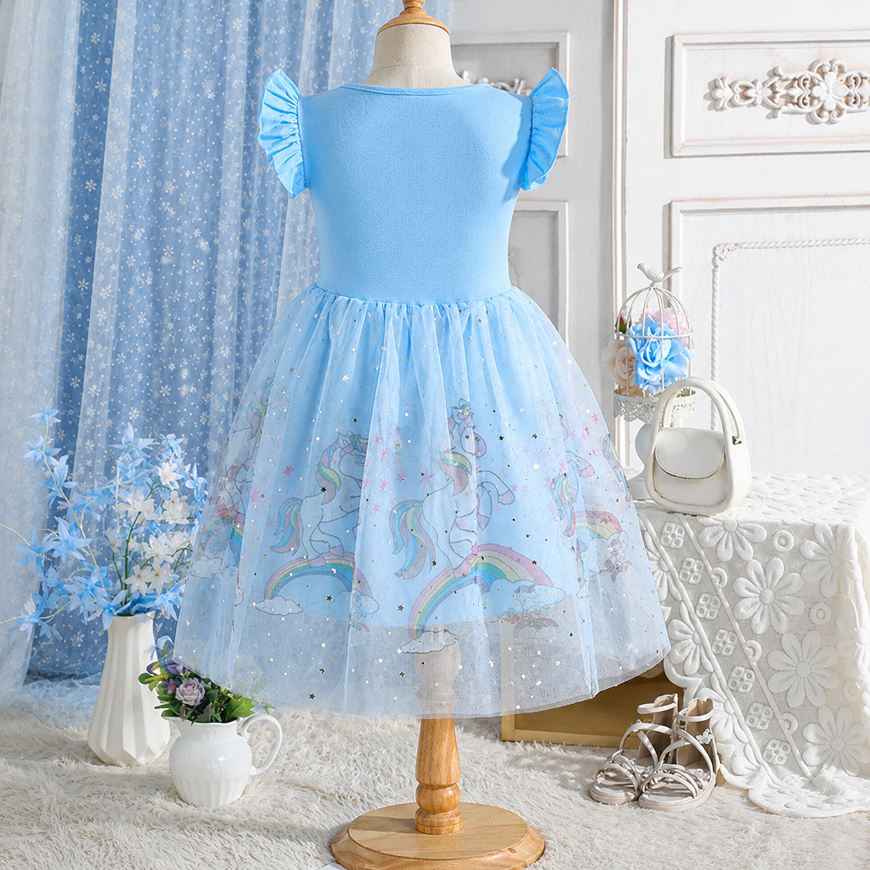 Rochie Albastră Fetite cu Unicorni Beatrice - 4-5 ani - poza 2