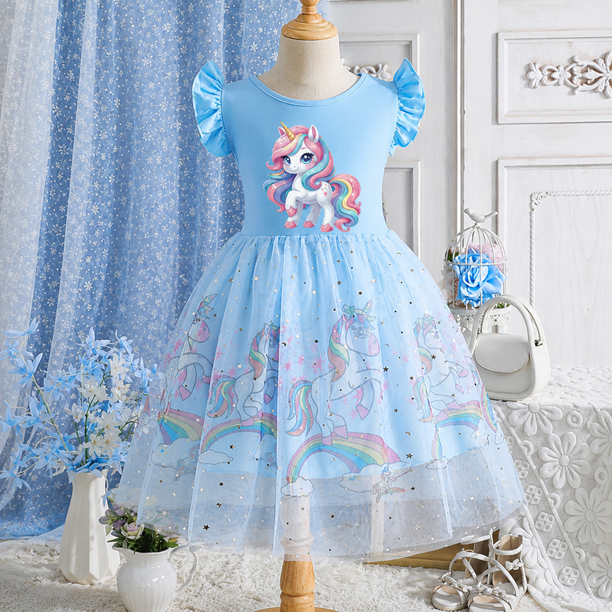 Rochie Albastră Fetite cu Unicorni Beatrice - 6-7 ani - poza 1
