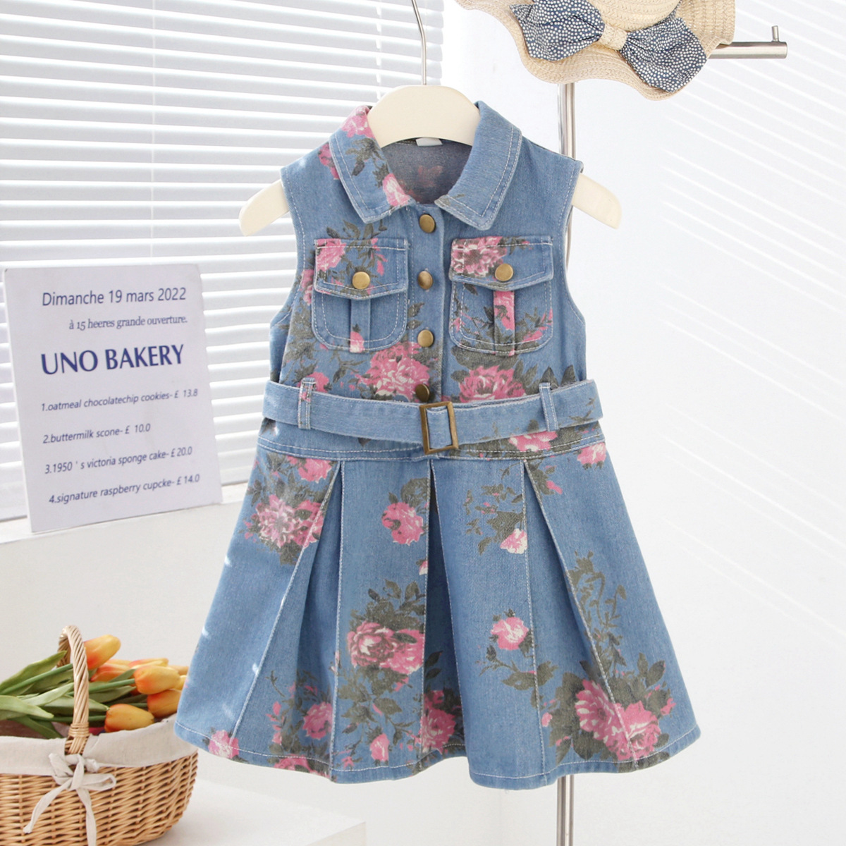 Rochie Blugi Fetițe Denim cu Imprimeu Roz și Curea Livia - 2-3 ani - poza 1