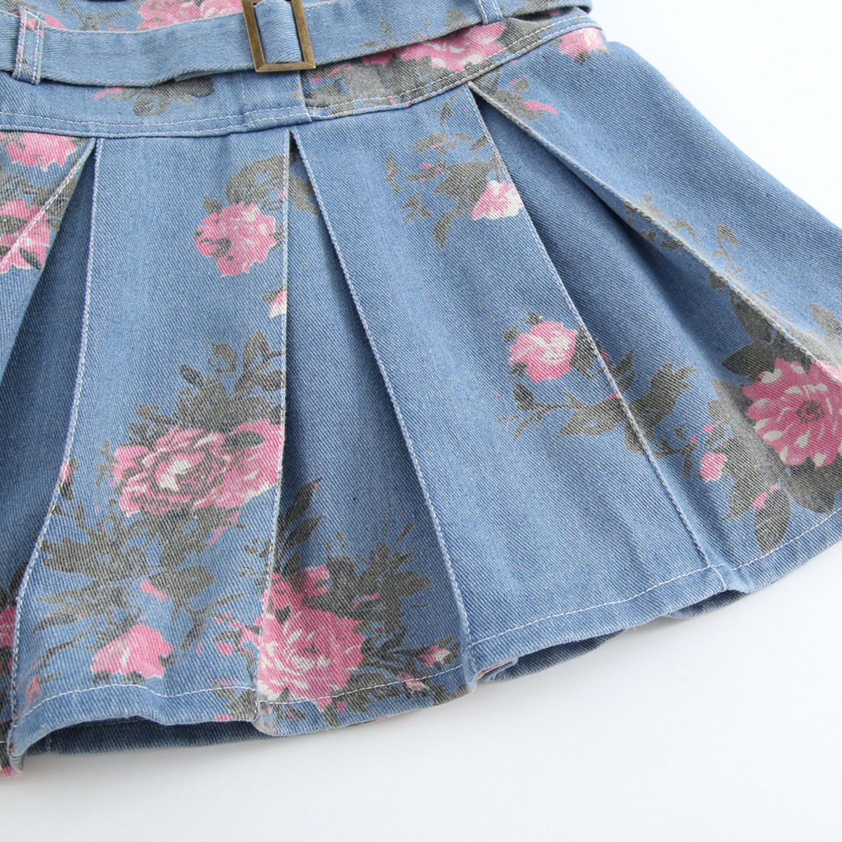 Rochie Blugi Fetițe Denim cu Imprimeu Roz și Curea Livia - 4-5 ani - poza 3