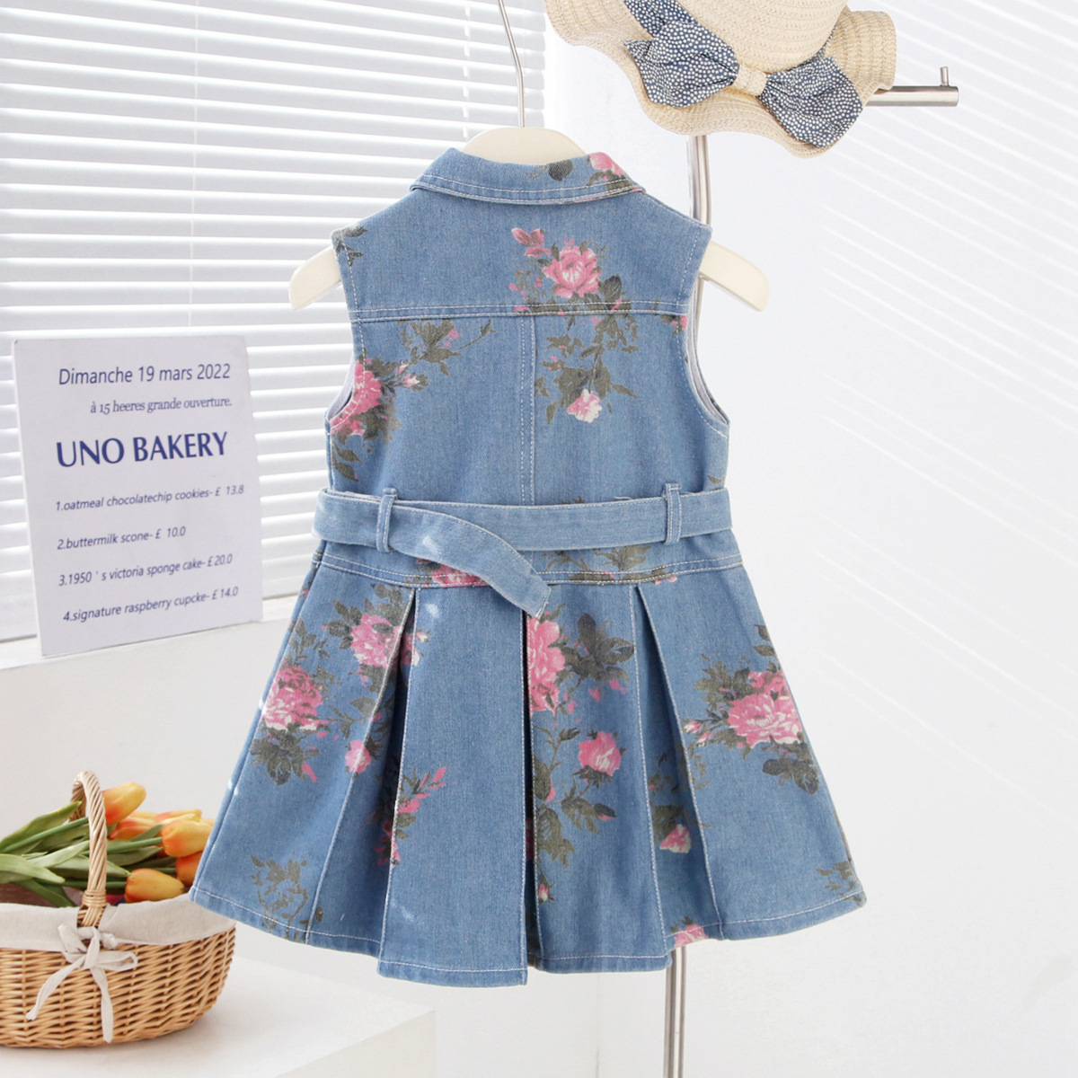 Rochie Blugi Fetițe Denim cu Imprimeu Roz și Curea Livia - 6-7 ani - poza 2