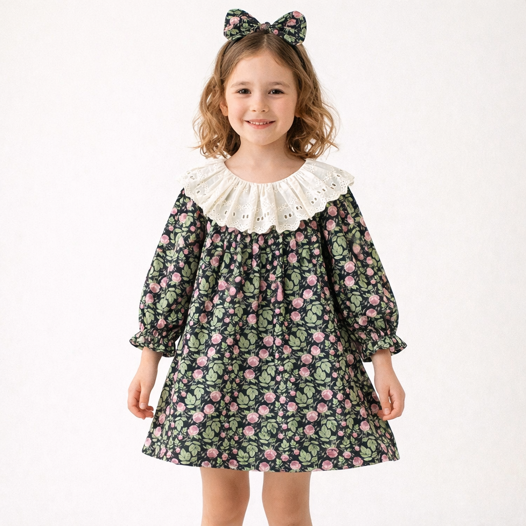 Rochie Elegantă Fetițe Imprimeu Floral cu Guler Alb - 5-6 ani - poza 1
