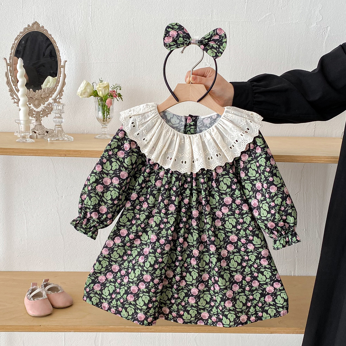 Rochie Elegantă Fetițe Imprimeu Floral cu Guler Alb - 5-6 ani - poza 2