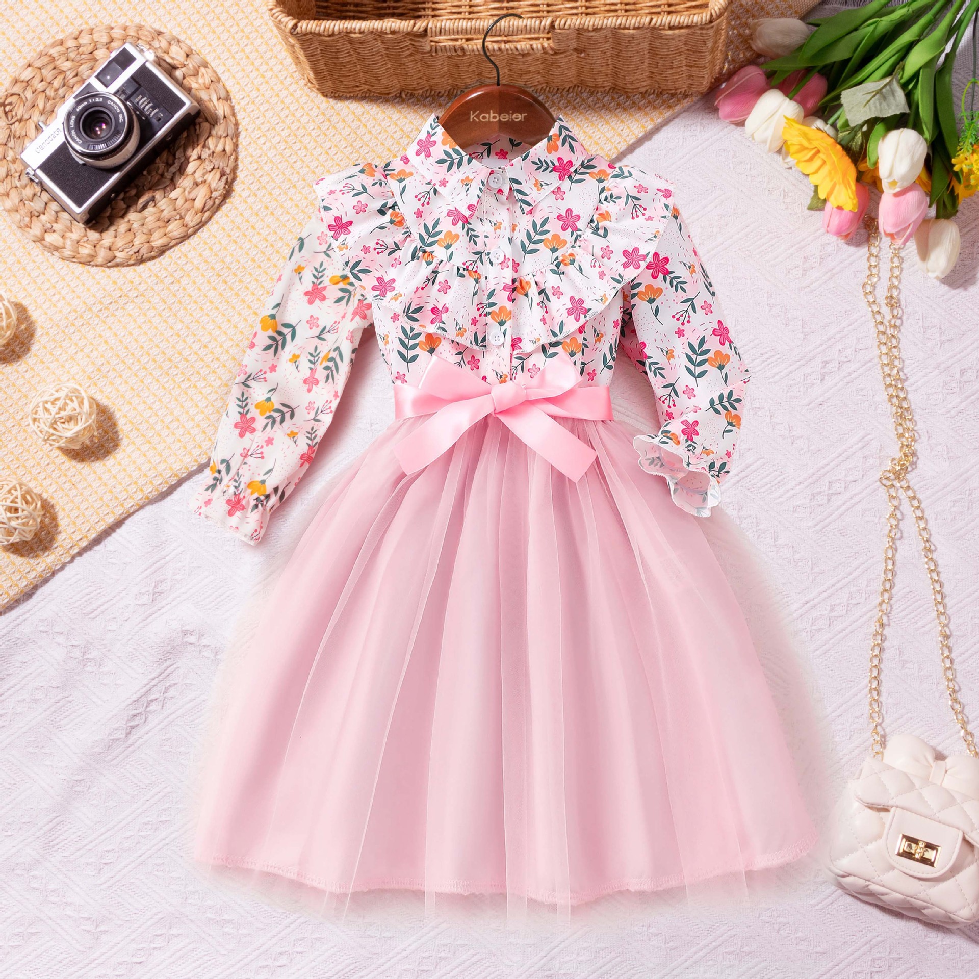 Rochie Elegantă Fetițe Roz cu Imprimeu Floral Dania - 3-4 ani - poza 2
