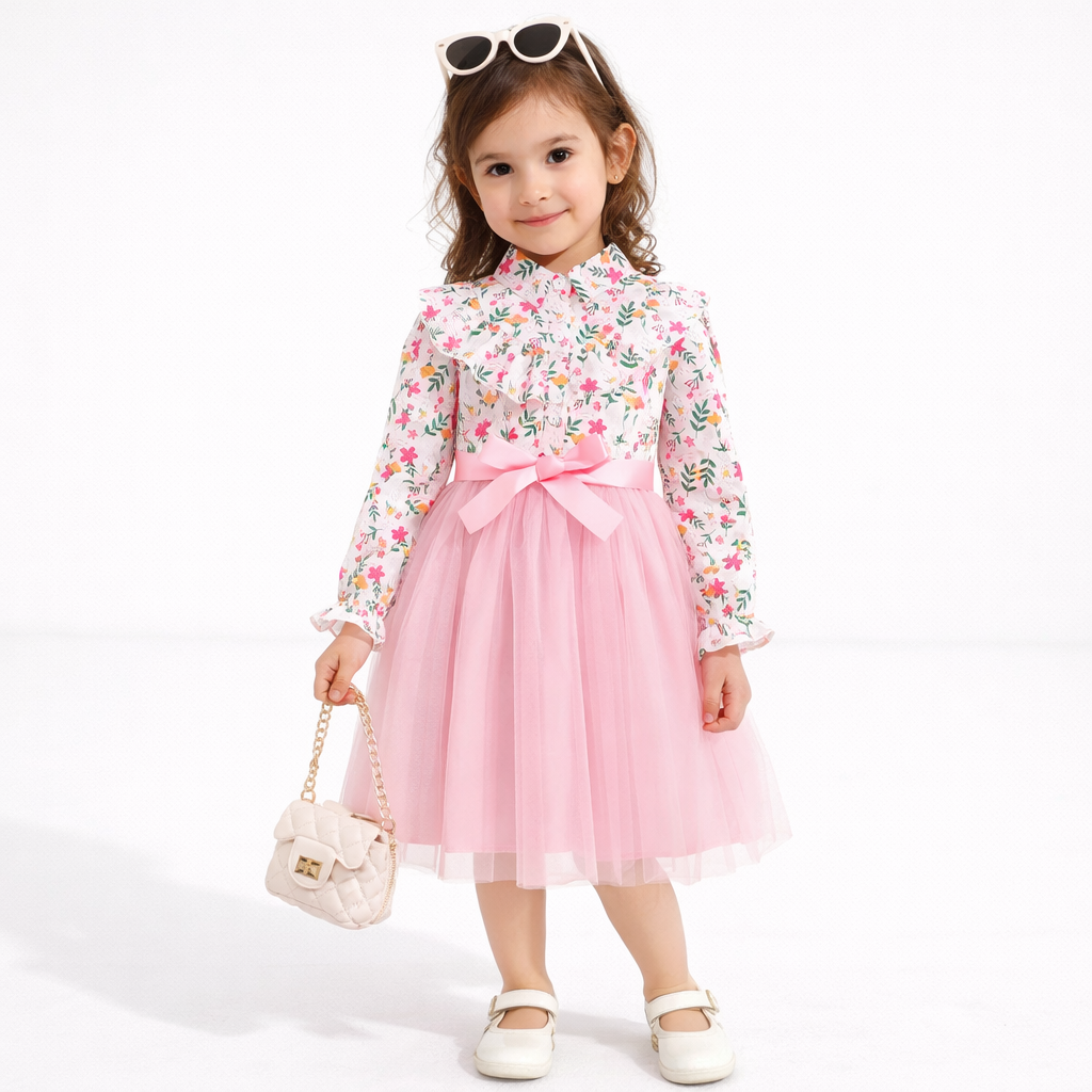Rochie Elegantă Fetițe Roz cu Imprimeu Floral Dania - 5-6 ani - poza 1