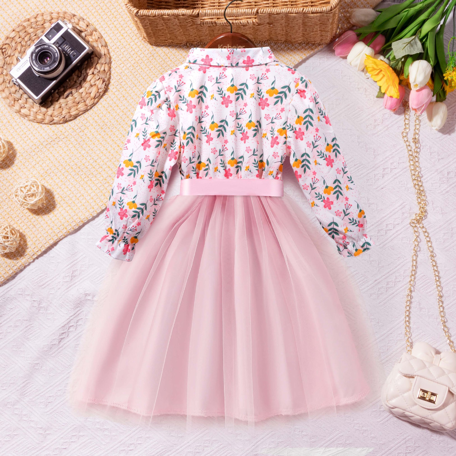 Rochie Elegantă Fetițe Roz cu Imprimeu Floral Dania - 7-8 ani - poza 3