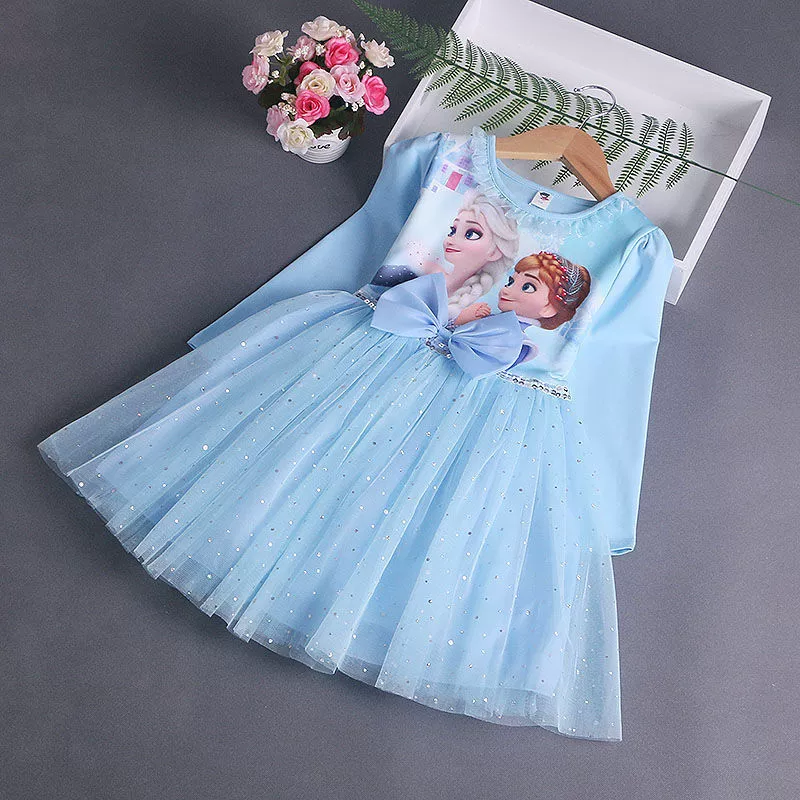 Rochie Fetite Albastra cu Printese Cassandra maneca lunga - 6-7 ani - poza 1