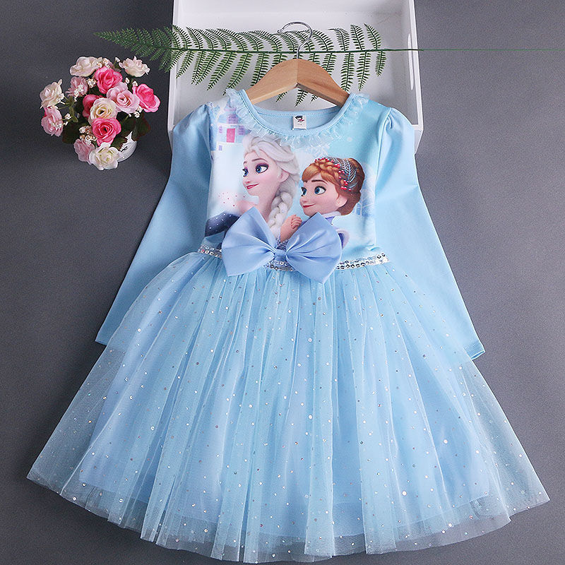 Rochie Fetite Albastra cu Printese Cassandra maneca lunga - 6-7 ani - poza 3