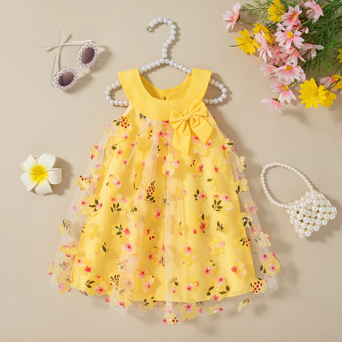 Rochie Galbena Fetite cu Floricele Valeria - 3-6 luni - poza 1