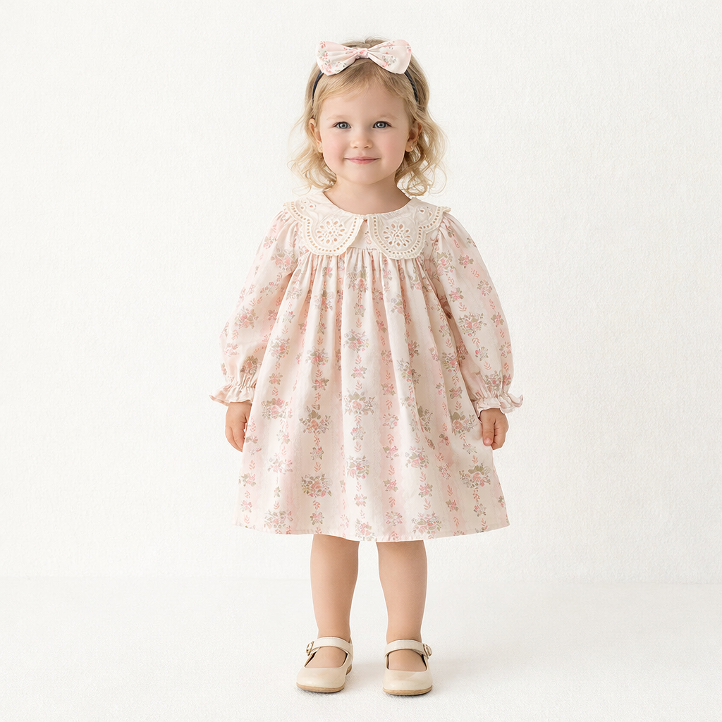 Rochie Roz Fetite cu Floricele Eliza - 4-5 ani