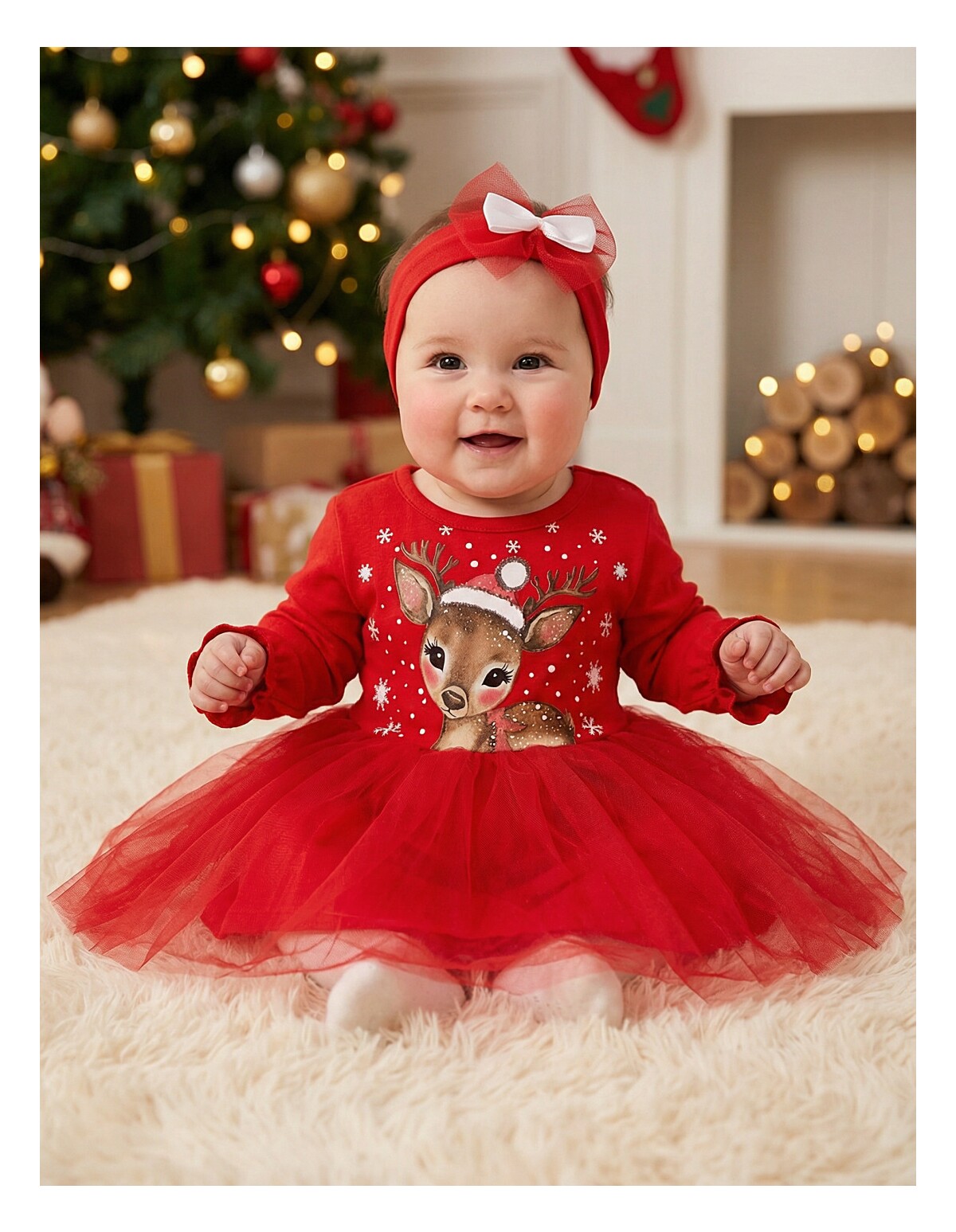 Rochita cu bentita Craciun Cute Deer rosu