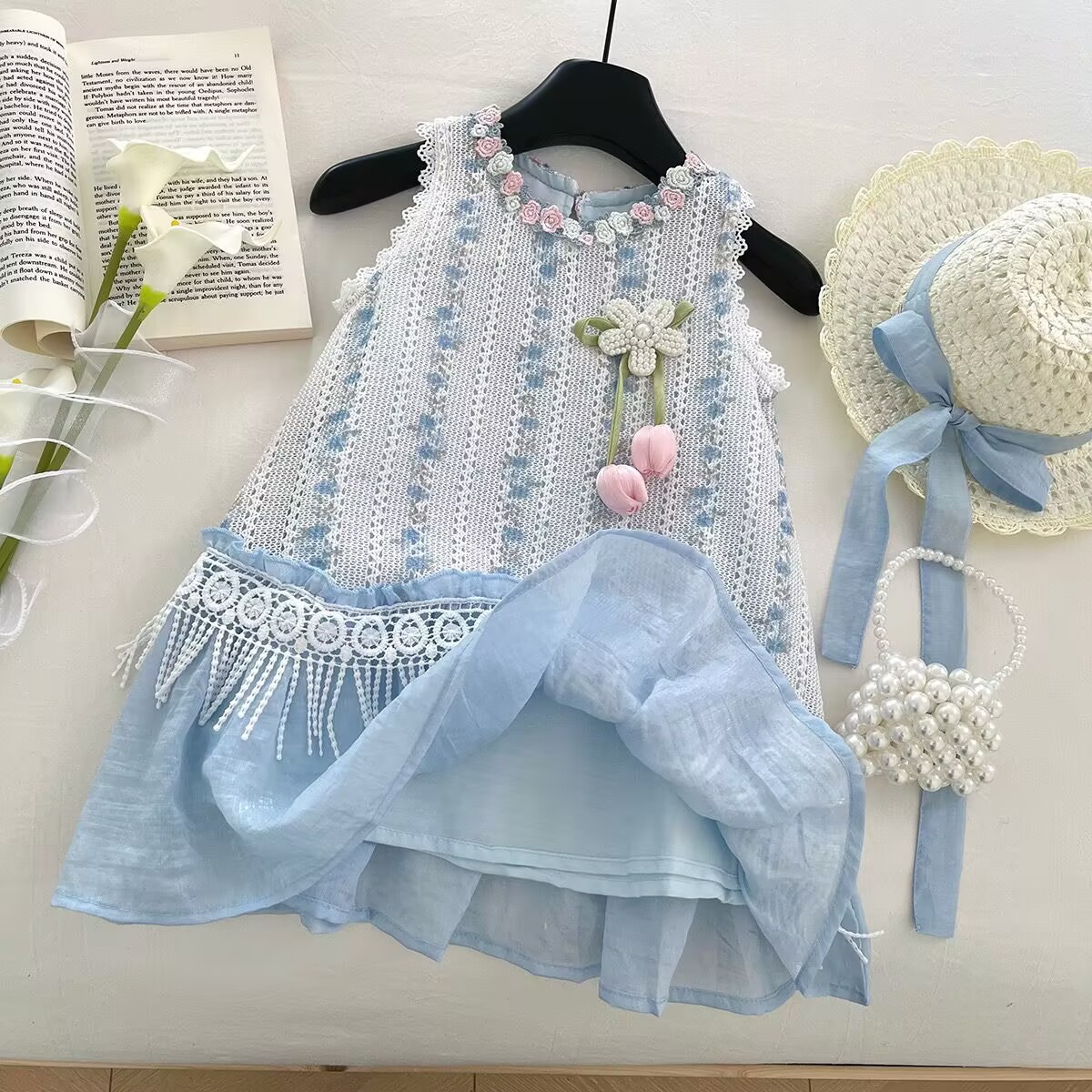 Rochiță Fetițe Albastru Broderie Florală Miriam - 2-3 ani - poza 3