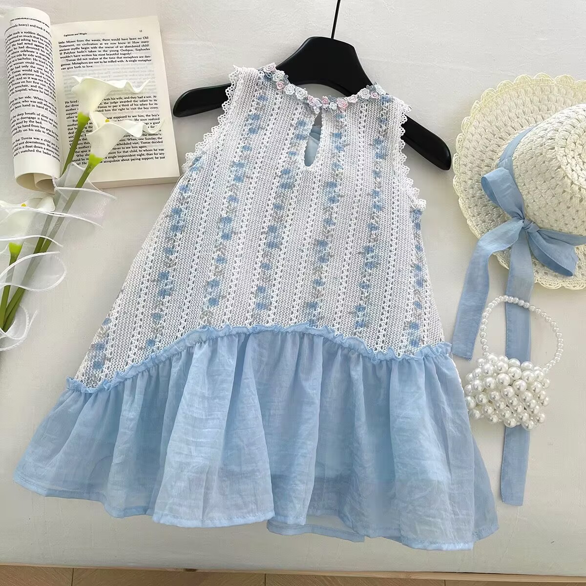 Rochiță Fetițe Albastru Broderie Florală Miriam - 3-4 ani - poza 2