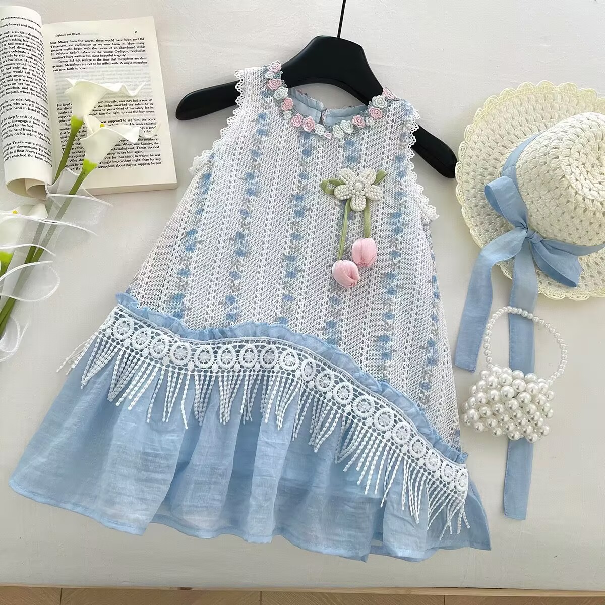 Rochiță Fetițe Albastru Broderie Florală Miriam - 5-6 ani - poza 1