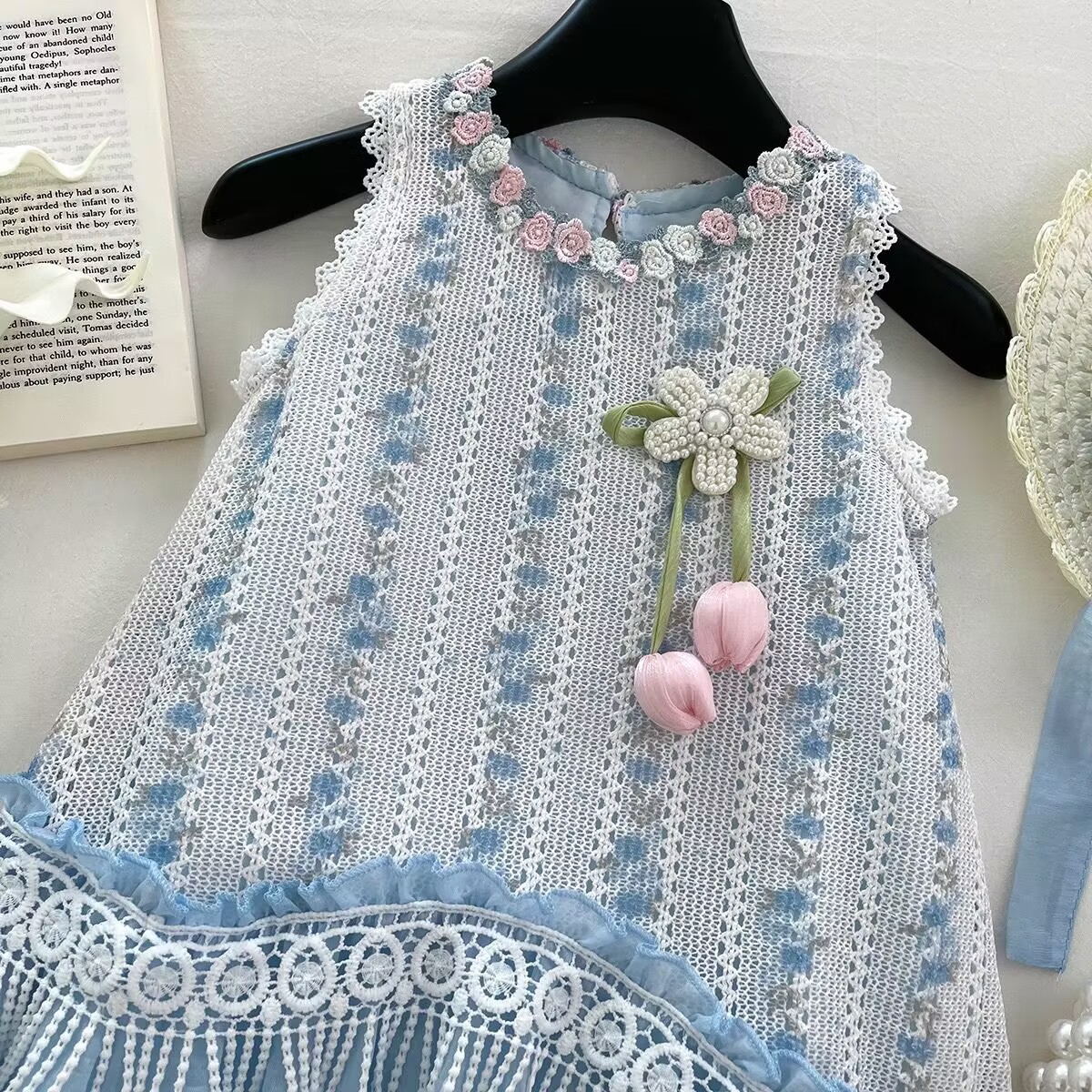 Rochiță Fetițe Albastru Broderie Florală Miriam - 5-6 ani - poza 4