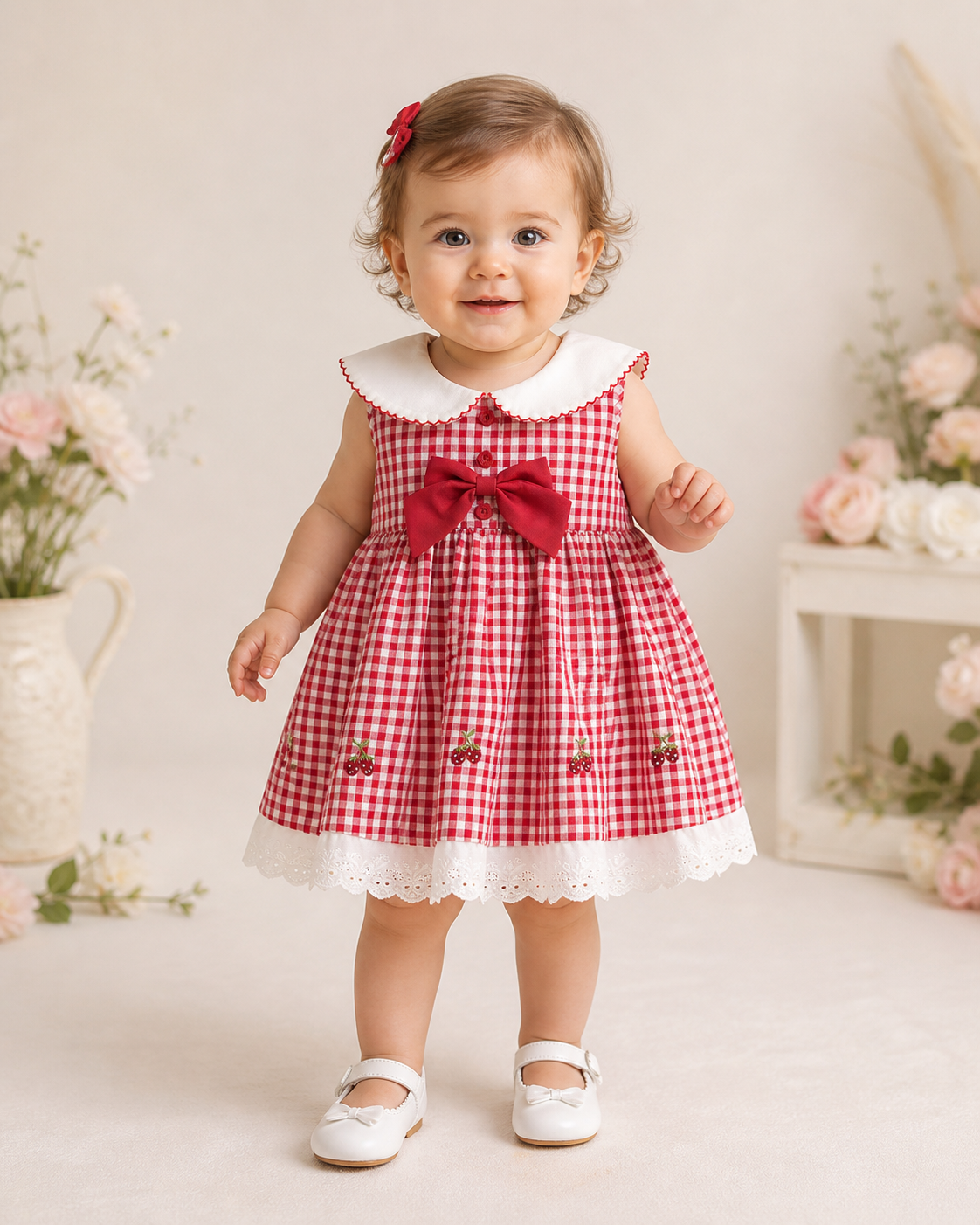 Rochiță Fetițe Carouri Roșu cu Alb Broderie Cireșe Isabella - 18-24 luni