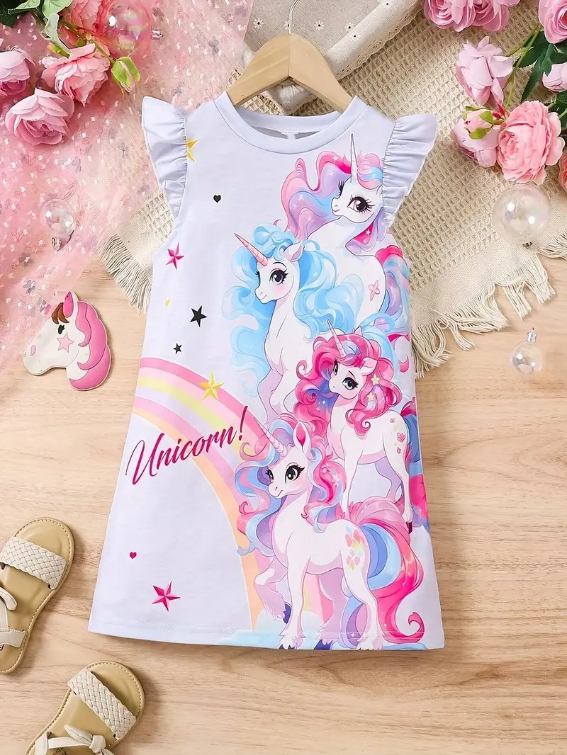 Rochiță Fetițe cu Unicorni și Curcubeu Luna - 5-6 ani - poza 2