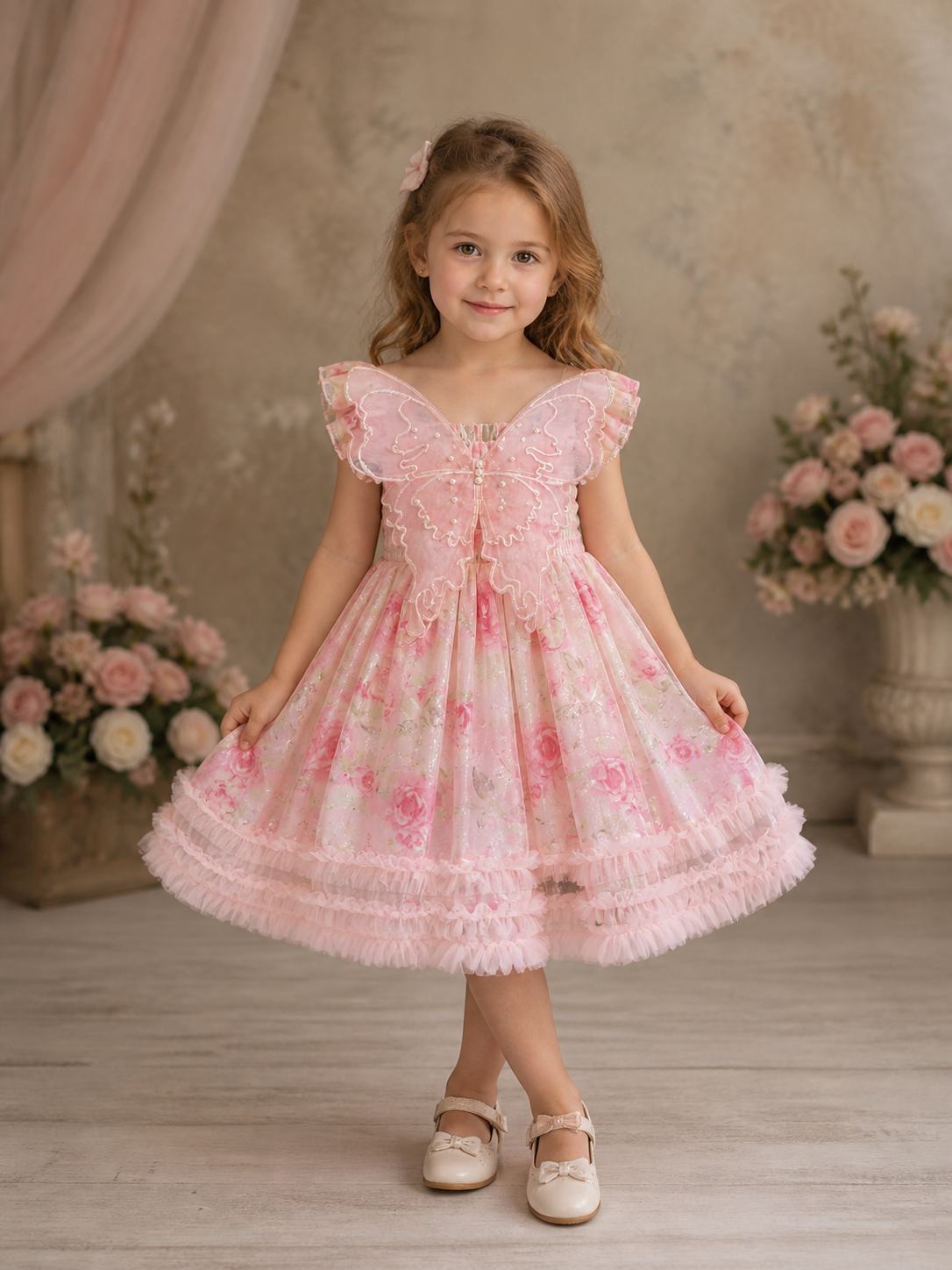 Rochiță Prințesă Fetițe Roz cu Imprimeu Floral Andia - 6-7 ani - poza 1