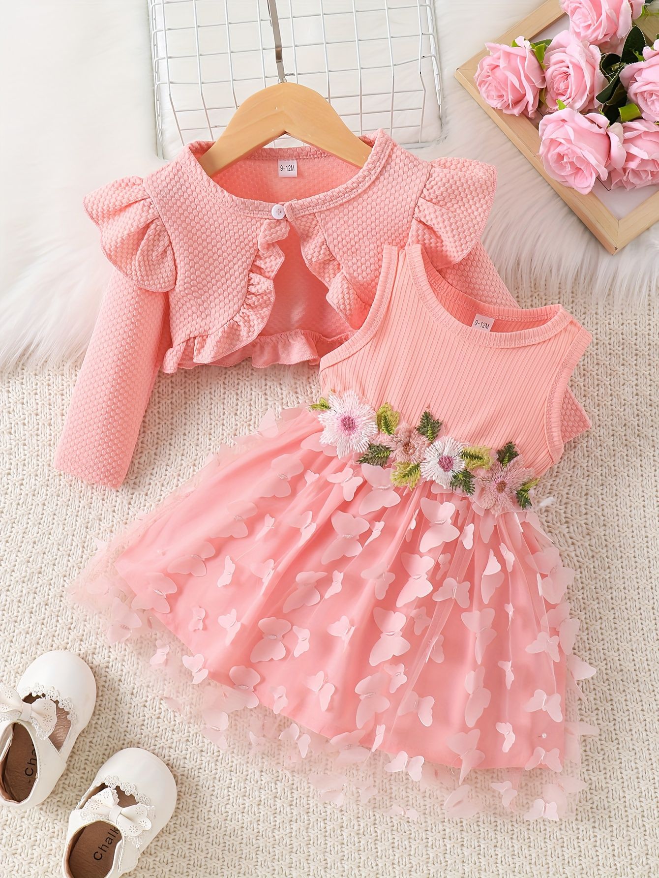 Rochiță și Bolero Roz Tulle și Aplicații Florale Noelia - 9-12 luni - poza 1