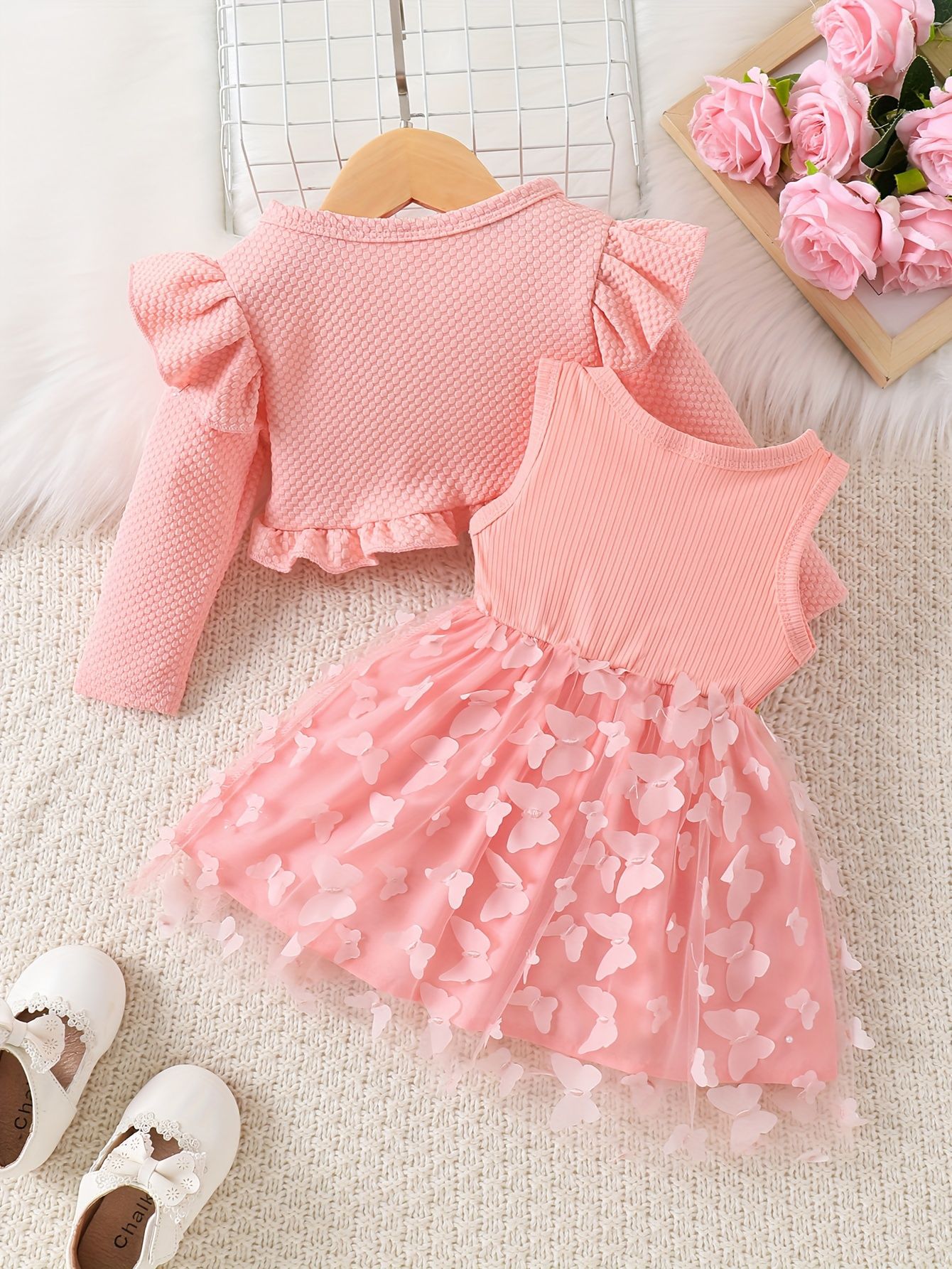 Rochiță și Bolero Roz Tulle și Aplicații Florale Noelia - 9-12 luni - poza 2