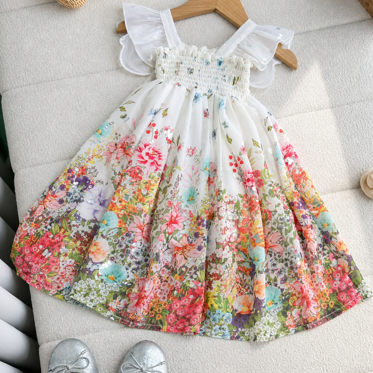 Rochiță și Pălărie Fetițe Imprimeu Floral și Fluture Alexia - 5-6 ani - poza 2