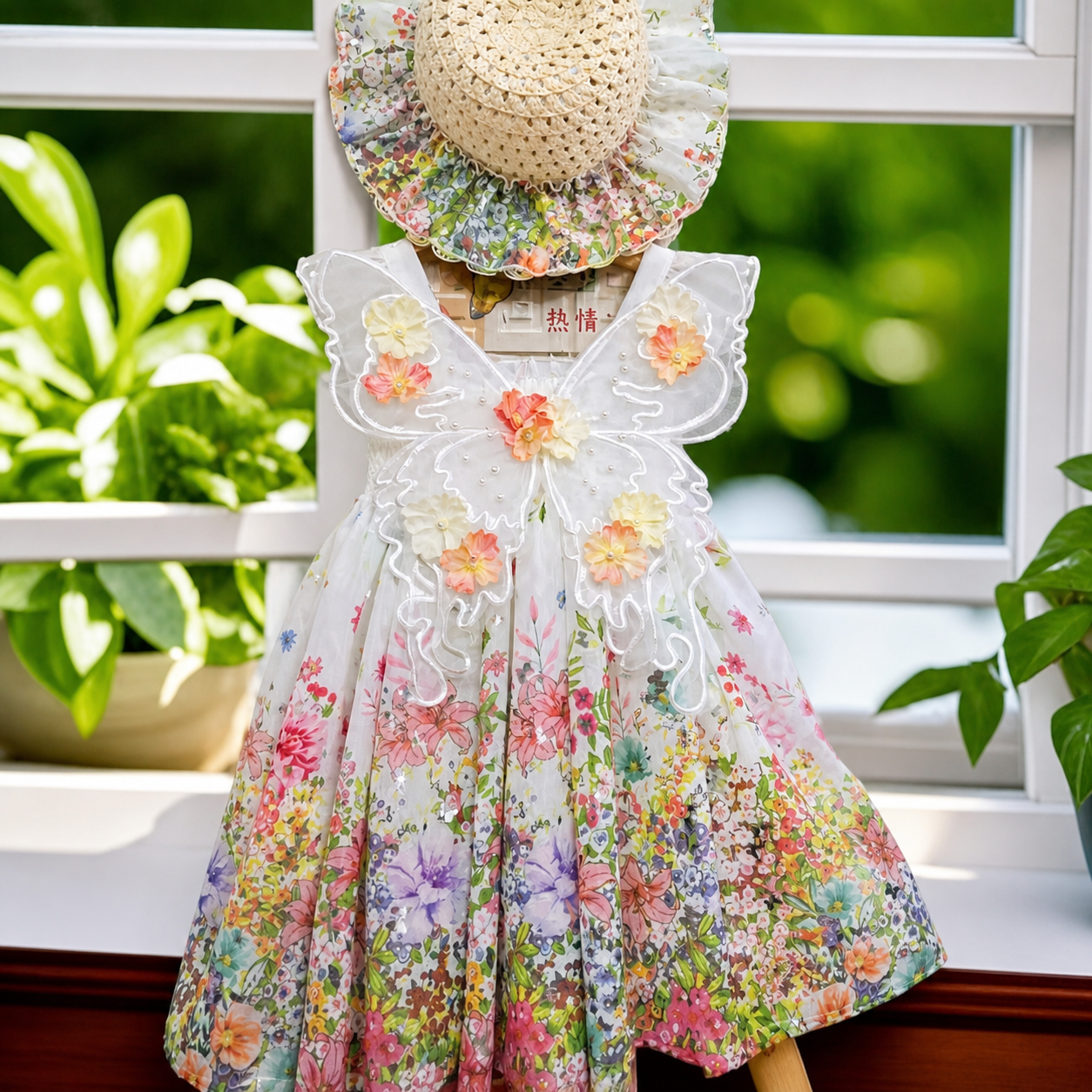 Rochiță și Pălărie Fetițe Imprimeu Floral și Fluture Alexia - 6-7 ani - poza 1