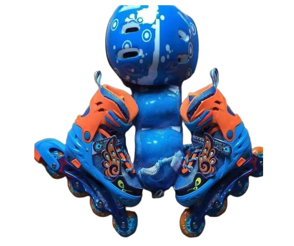 Role copii reglabile 2 in 1 convertibile - Quad Inline cu protectii - Albastru