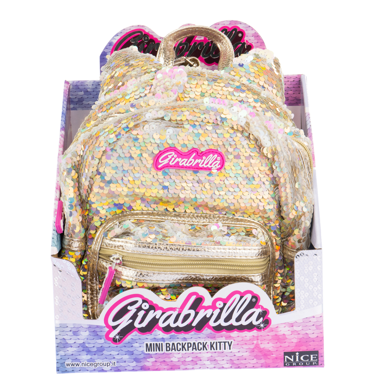 Rucsac mini Girabrilla Kitty - model Pisicuta cu paiete reversibile gold