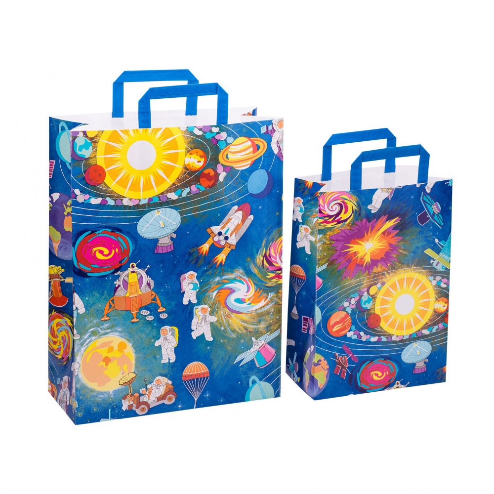 Sacosa cadou copii din hartie cu astronauti in spatiu, 22x10.5x32 cm,70 g m ²