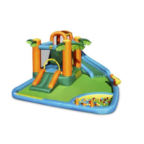 Saltea gonflabila oasis 7 in 1, cu loc de joaca cu bile, tun cu apa, spatiu de catarat, doua tobogane, 30 bile plastic inlcuse - poza 1