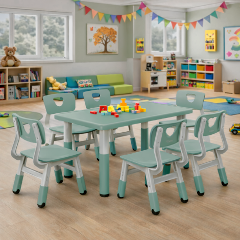 Scaun alb - turcoaz inchis din plastic pentru gradinita, reglabil mas 1-2 - poza 3
