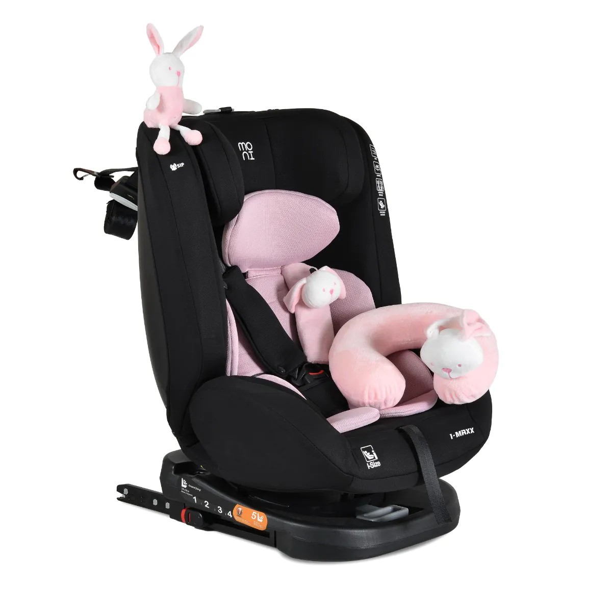 Scaun auto cu 2 jucarii si perna gat Moni i-Size i-Maxx 360 ISOFIX (40-150 cm) Pink - poza 1