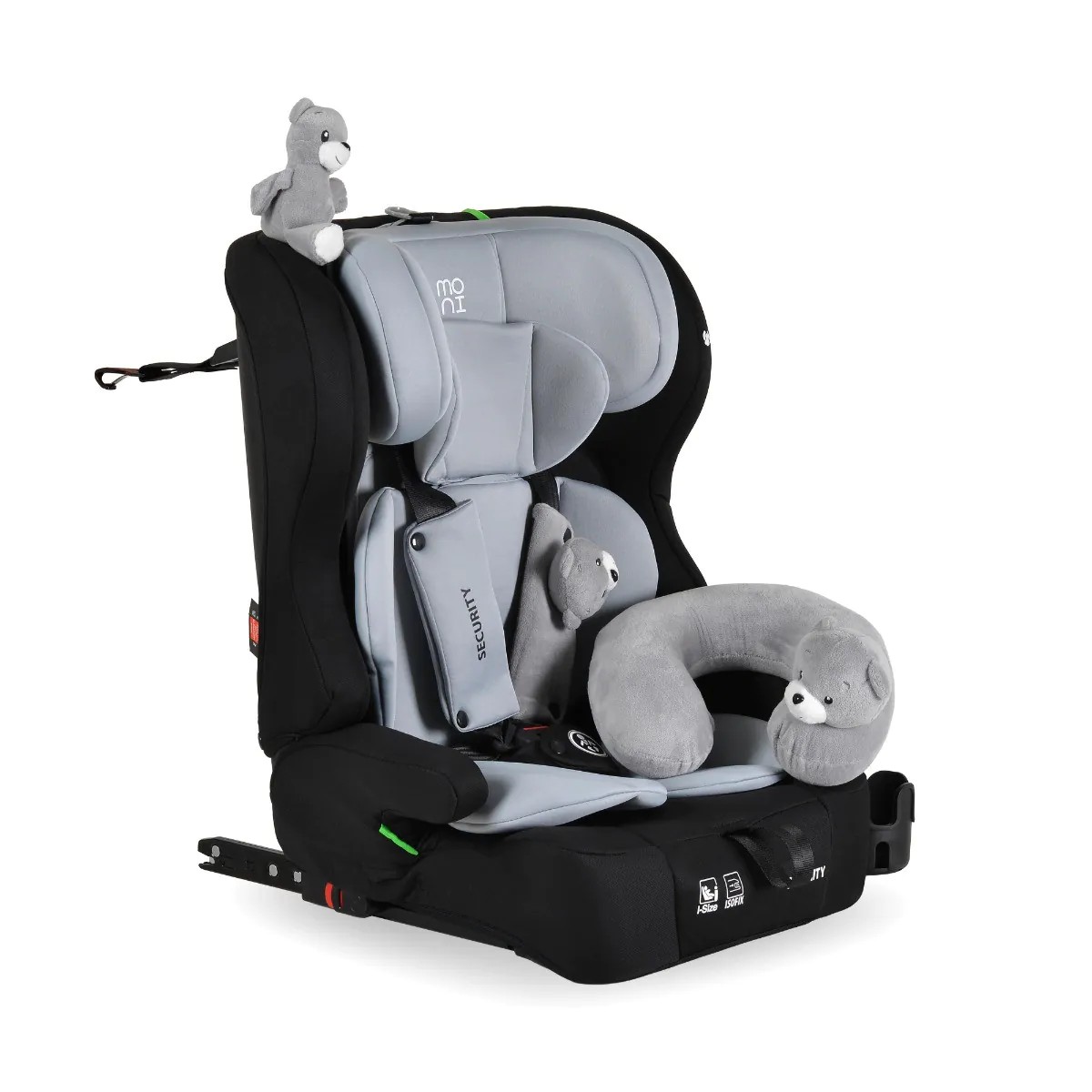 Scaun auto cu 2 jucarii si perna gat Moni i-Size Security Isofix (76-150 cm) Space Gri - poza 1
