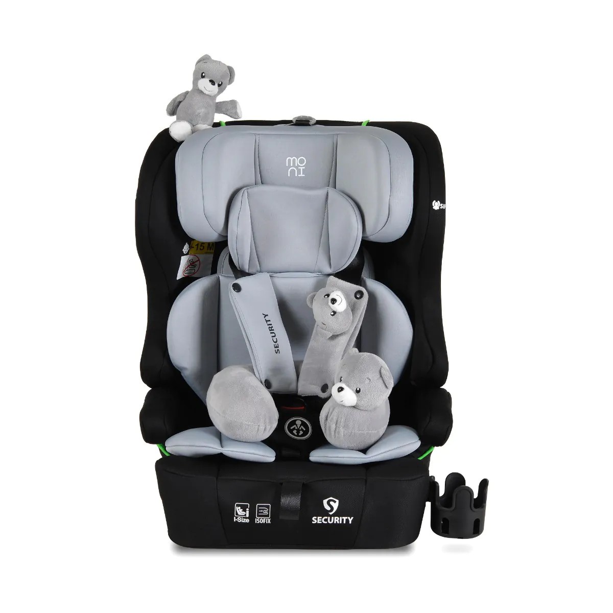 Scaun auto cu 2 jucarii si perna gat Moni i-Size Security Isofix (76-150 cm) Space Gri - poza 2
