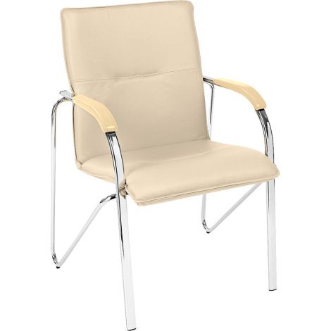 Scaun tapitat cu picioare din aluminiu, cotiere, stivuibil, bej - poza 1