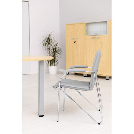 Scaun tapitat cu picioare din aluminiu, cotiere, stivuibil, bej - poza 2